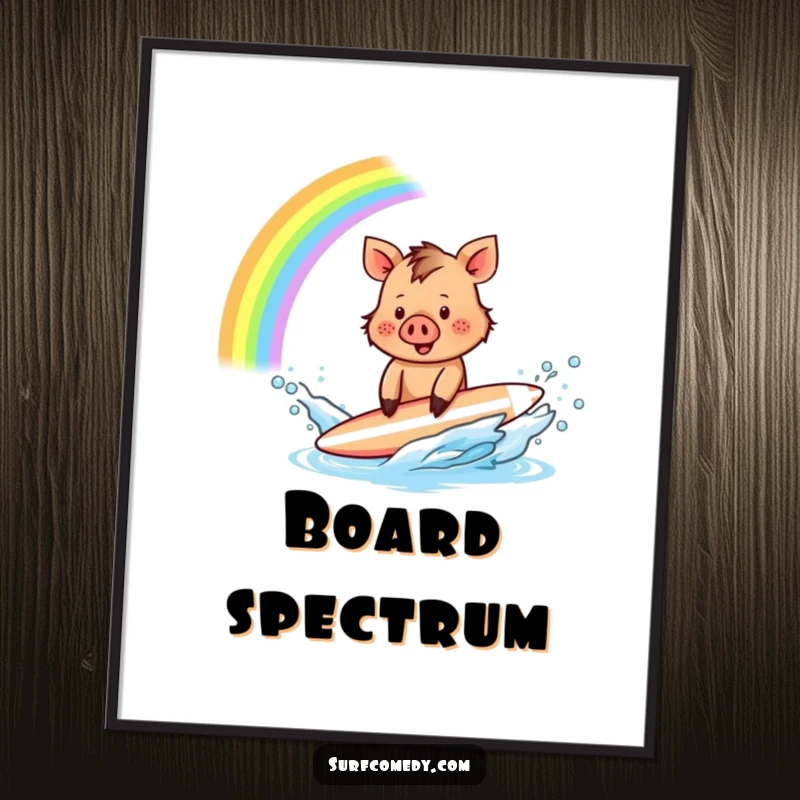 Funny Boar Surfer Digital Art: A tiny boar creates a rainbow splash, bringing whimsical joy and humor to wall art.