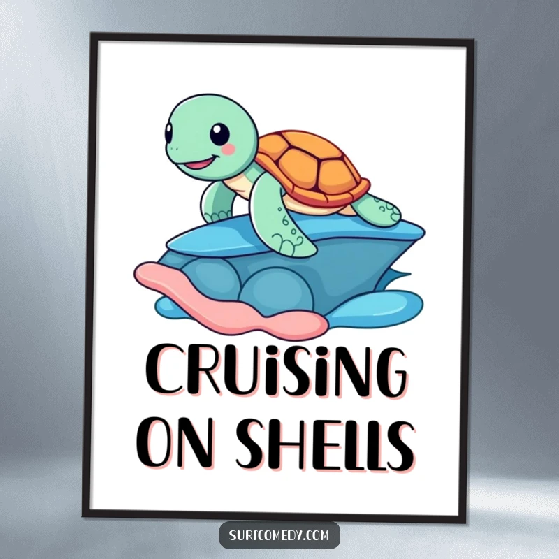Funny digital art print of a cheerful sea turtle surfing a colorful shell, embodying beach fun and laid-back, humorous vibes for decor.