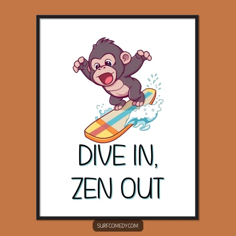Funny Gorilla Surfing Dive Digital Art - Hilarious Ocean Wall Decor Printable Gift