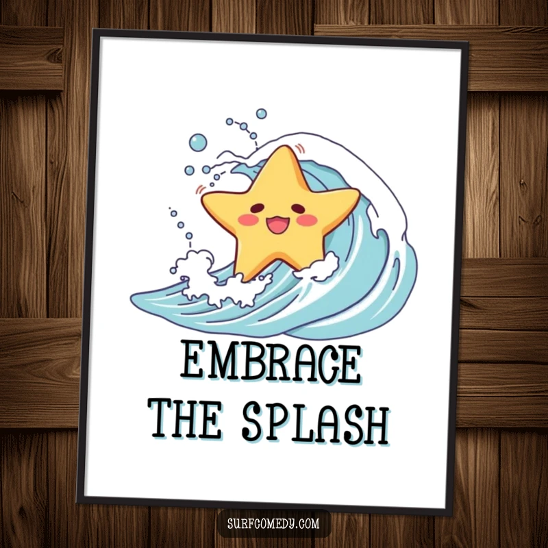 Funny digital art print of a starfish character experiencing a comical wipeout on an ocean wave, full of seaside humor.