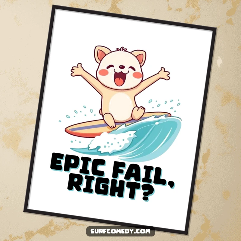 Funny digital art print of a flailing animal character comically wiping out on a surfboard, a humorous piece for wall decor.