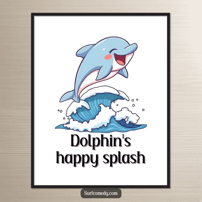 Funny laughing dolphin leaping over a playful wave, as digital art for instant ocean vibes.