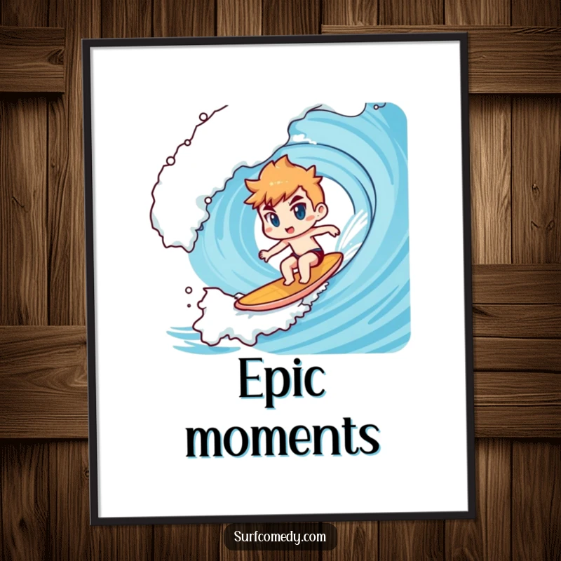 Funny Kawaii character digital art print depicting determined surfing on a giant wave, great for instant funny gift decoration.