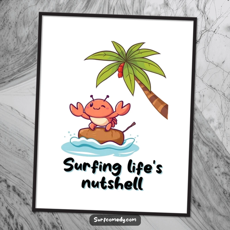 Funny digital art print of a Kawaii crab character surfing a small coconut, bringing whimsical beach charm to any room.