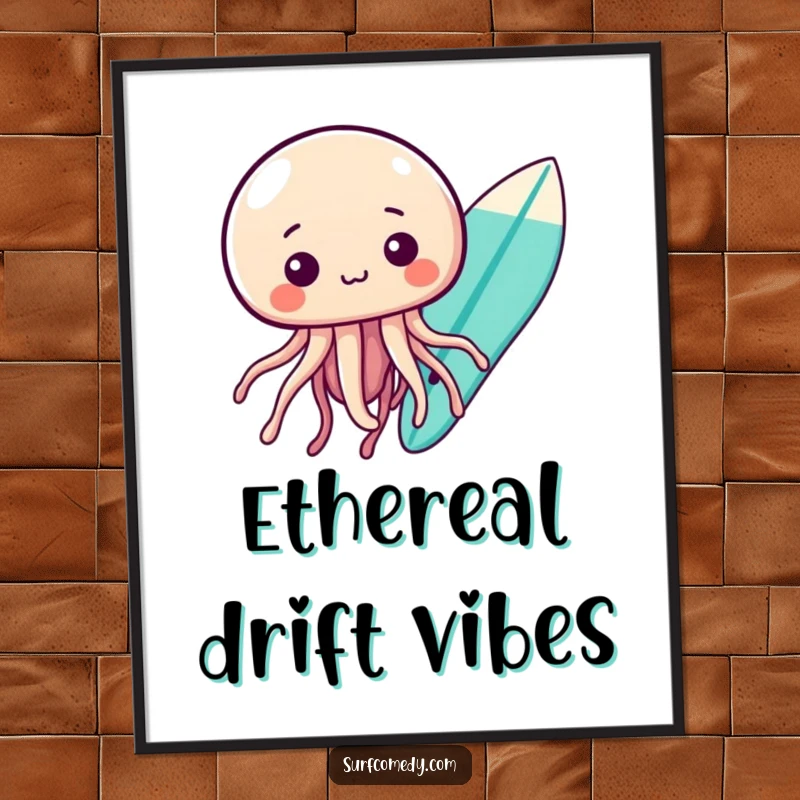 Funny kawaii jellyfish character floating curiously near a surfboard, digital download funny art print.