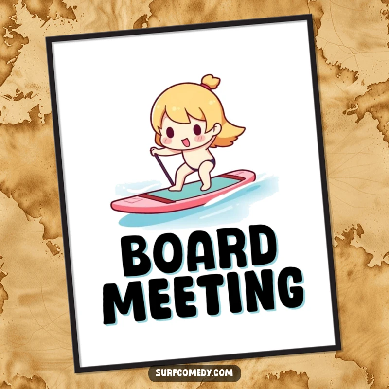 Funny Kawaii character attempting to balance on a paddleboard, a high-resolution digital art print for vibrant decor.