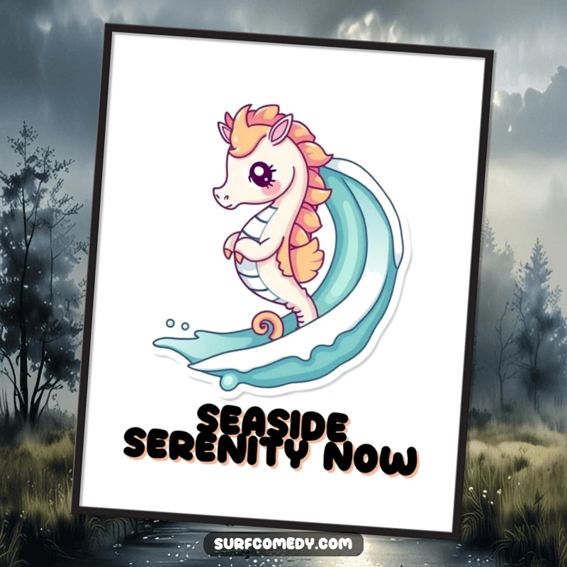Funny digital art of a cute kawaii seahorse gracefully surfing a vibrant, curling ocean wave, evoking seaside serenity.