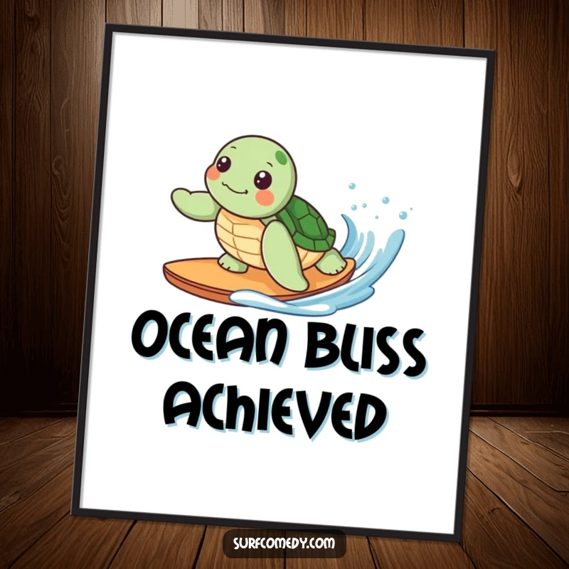 Funny digital art print of a cute kawaii sea turtle character joyfully surfing a gentle wave, ideal for instant wall decor.