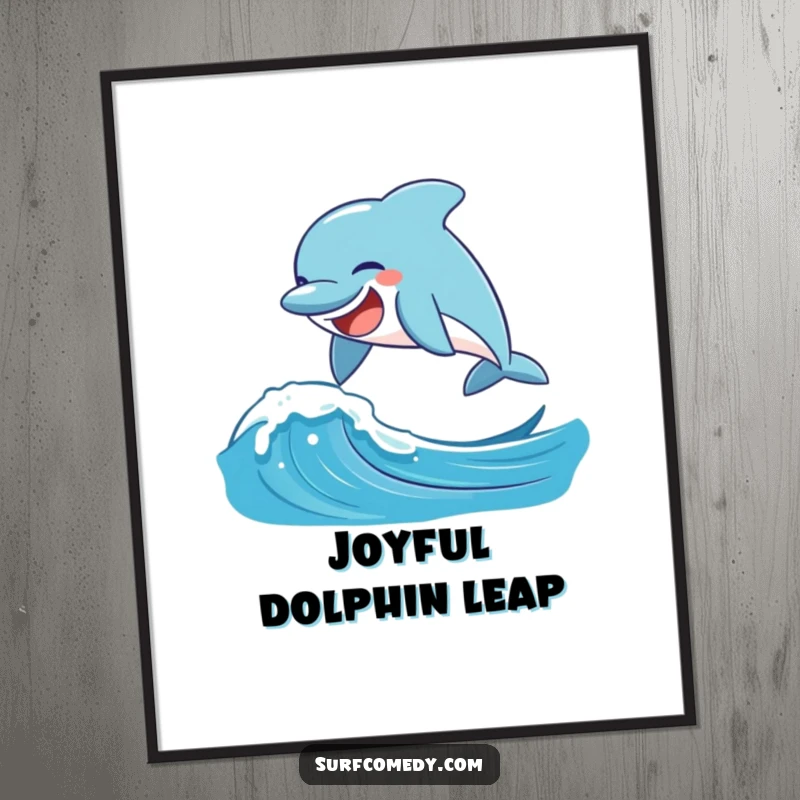 Funny laughing dolphin joyfully leaping over a splashing ocean wave, offered as vibrant digital art.
