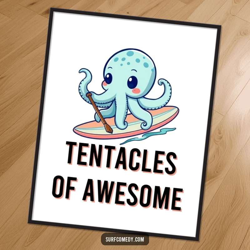 Funny octopus paddling a surfboard, delivered as a digital art print for instant, humorous ocean-themed decor. Fun funny gift.