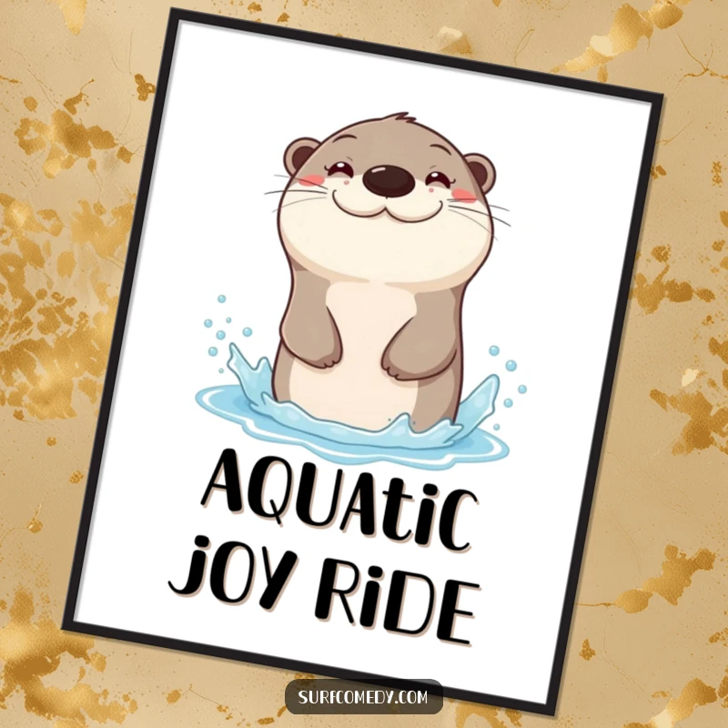 Funny sea otter character with a wide grin, sliding down a water spray, available as a high-resolution digital art print.