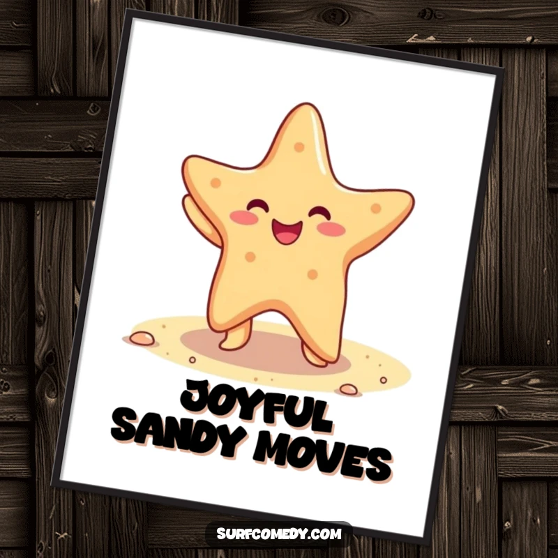 Funny digital art print showcasing a cheerful starfish dancing on a sandy beach, ready for instant download.
