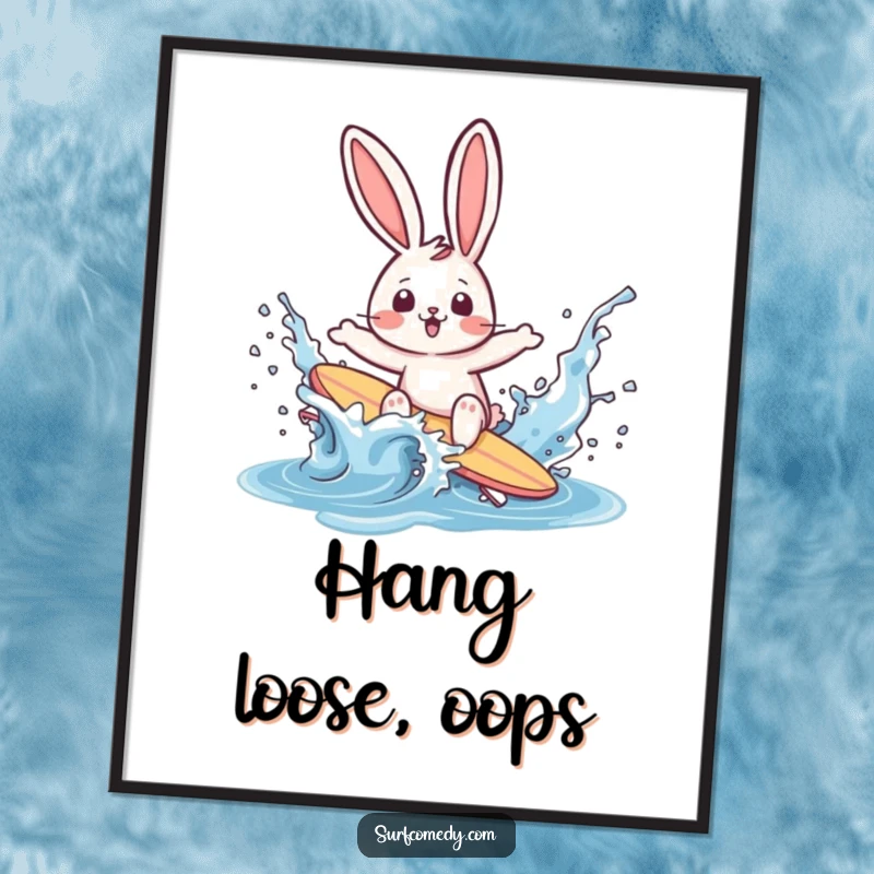 Funny rabbit surfer comically wiping out in a water splash, presented as a digital art print for instant beachy humor.