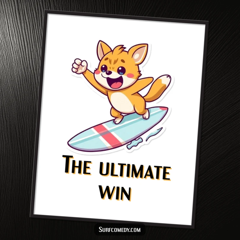 Funny triumphant surfer digital art print, a high-quality image of an animal leaping from a surfboard, a dynamic funny gift.