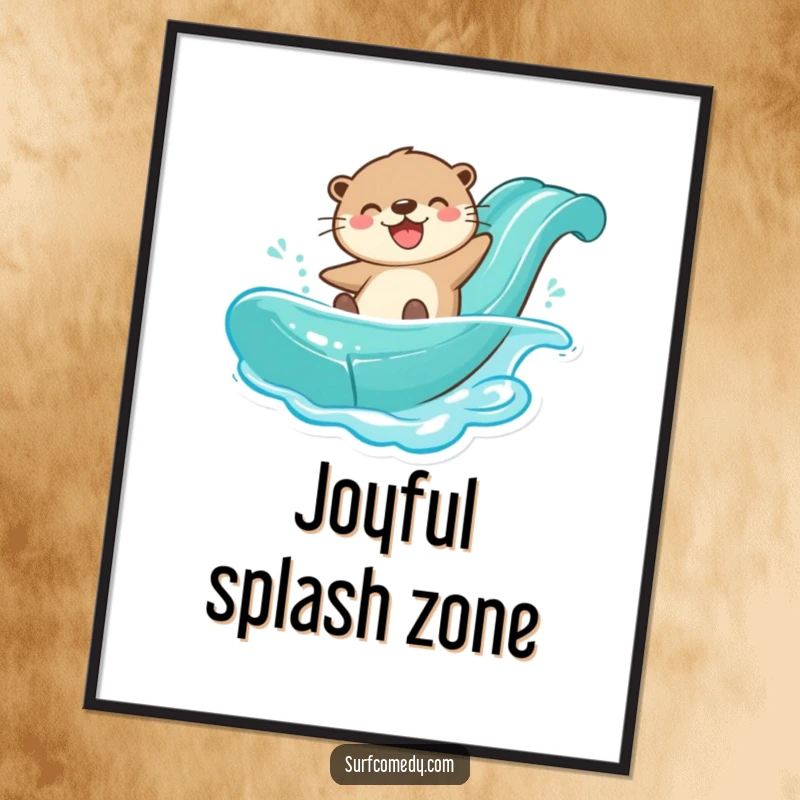 Funny otter character gleefully sliding down a water slide, available as a digital art print.