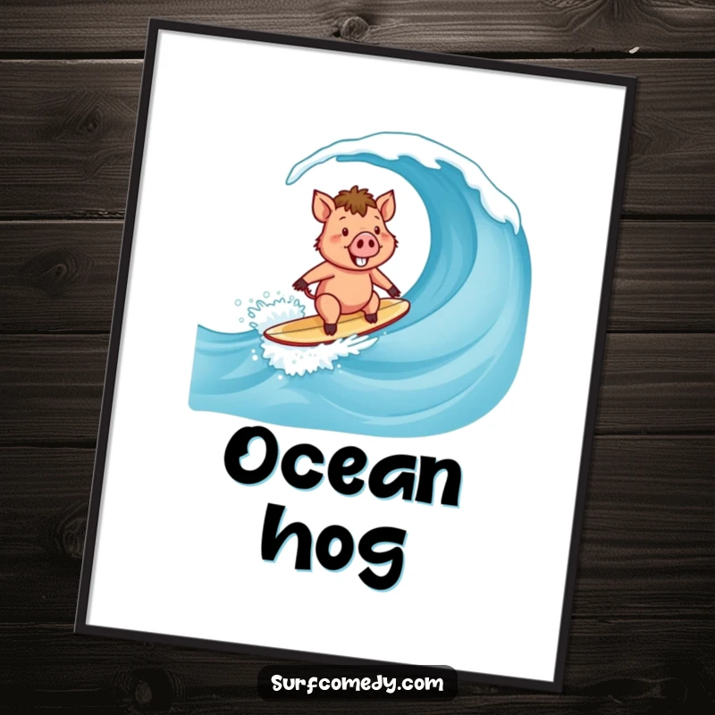 Funny Surfer Boar Digital Art Print: A happy boar character surfing a curling wave with a big smile.