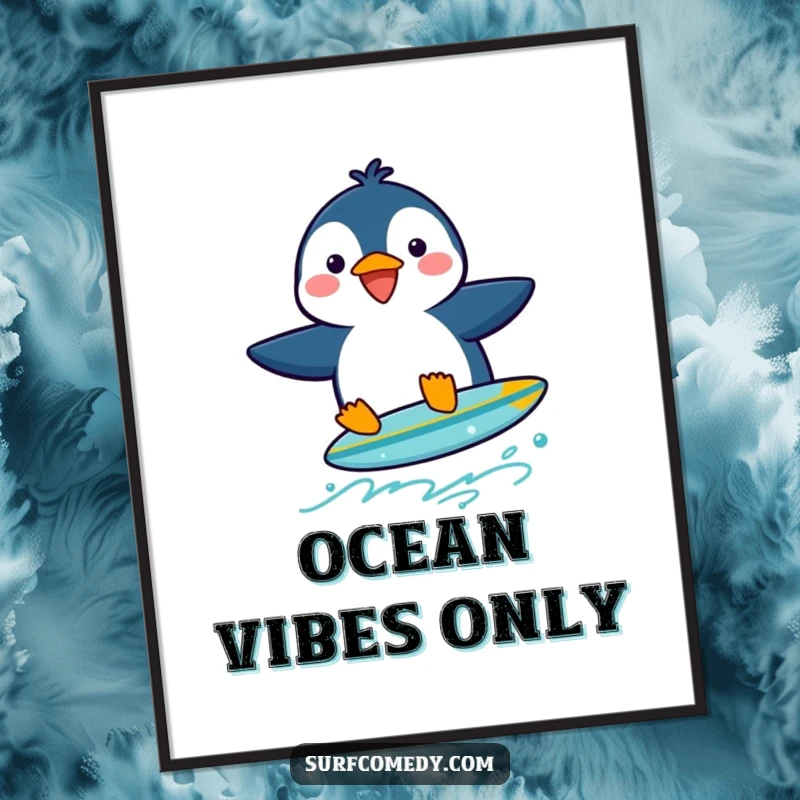 Funny penguin character humorously surfing a small surfboard, available as a digital art print.