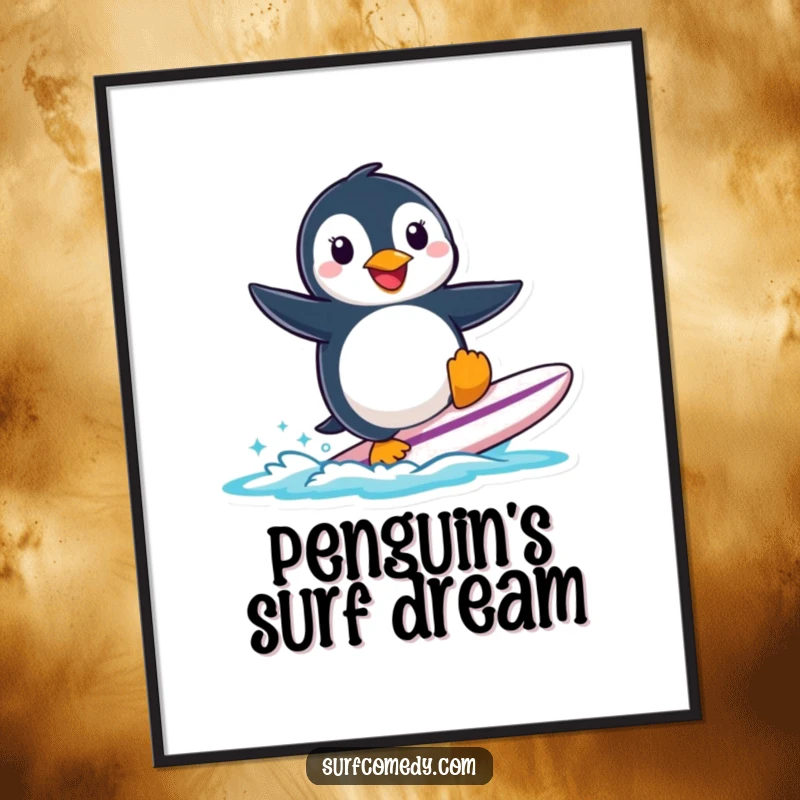 Funny smiling penguin attempting to surf a small surfboard, as digital art for instant arctic vibes.