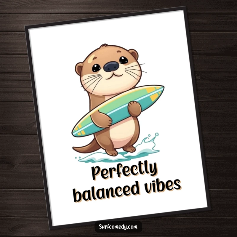 Funny sea otter balancing a surfboard on its nose, as a digital art print, bringing instant playful humor.