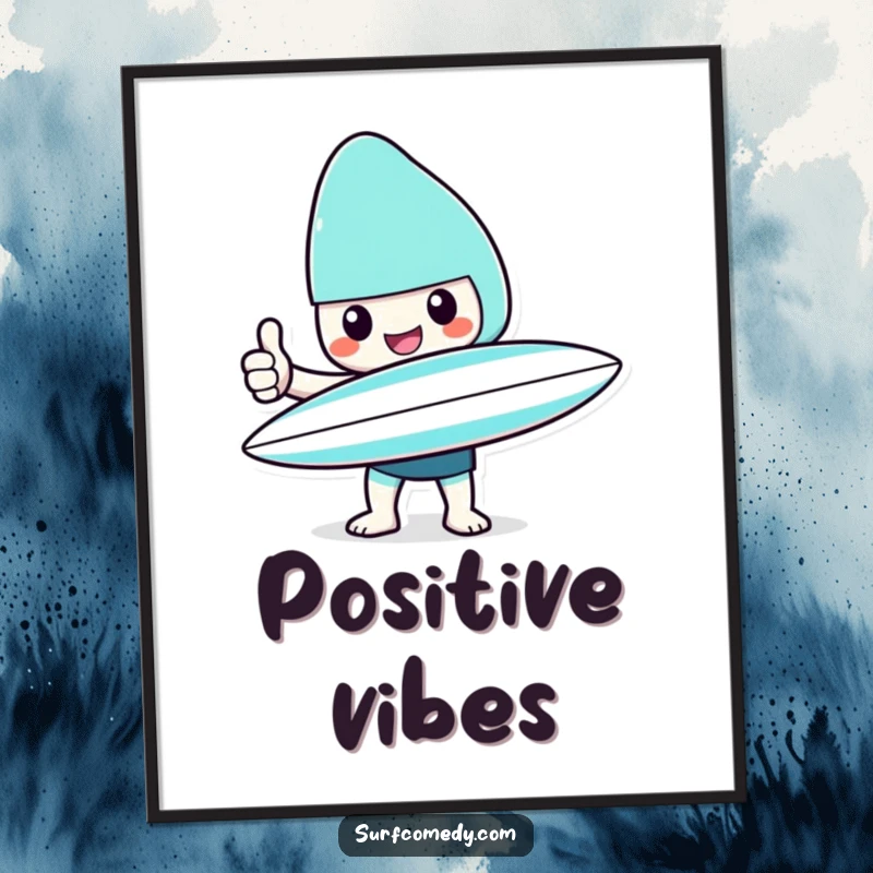 Funny Kawaii character digital art print with surfboard giving a cheerful thumbs up, great for instant funny gift decoration.