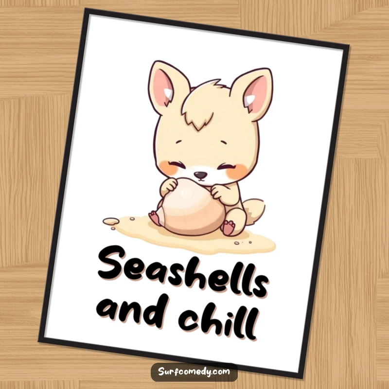 Funny digital art print of a curious animal character inspecting a seashell on a beach, ready for download and printing.