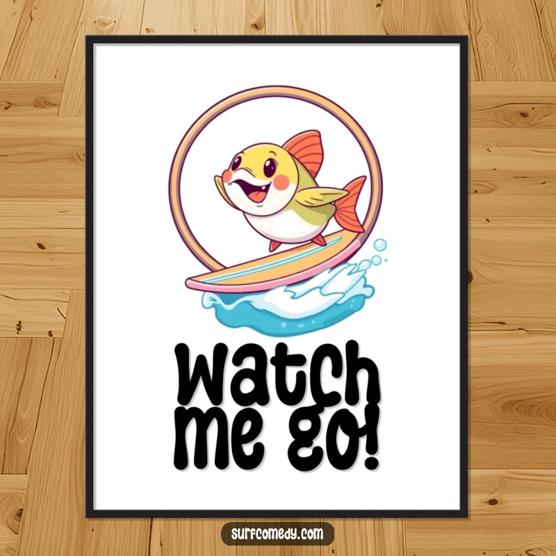 Funny fish performing a hoop jump on a surfboard, delivered as a digital art print for instant, humorous decor. Fun funny gift.