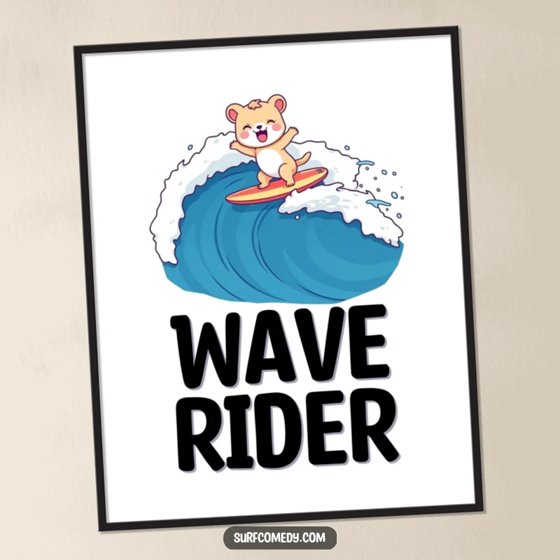 Funny digital art print of a happy animal character gleefully surfing a giant wave on a surfboard, full of action.