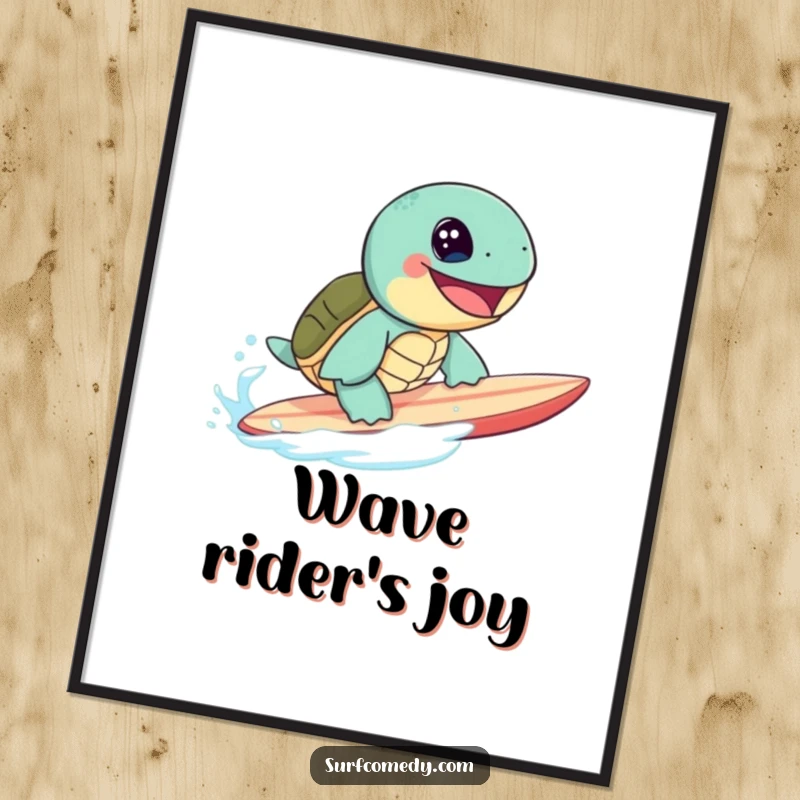 Funny cute sea turtle with a massive grin surfing a surfboard, as digital art for instant beachy vibes.