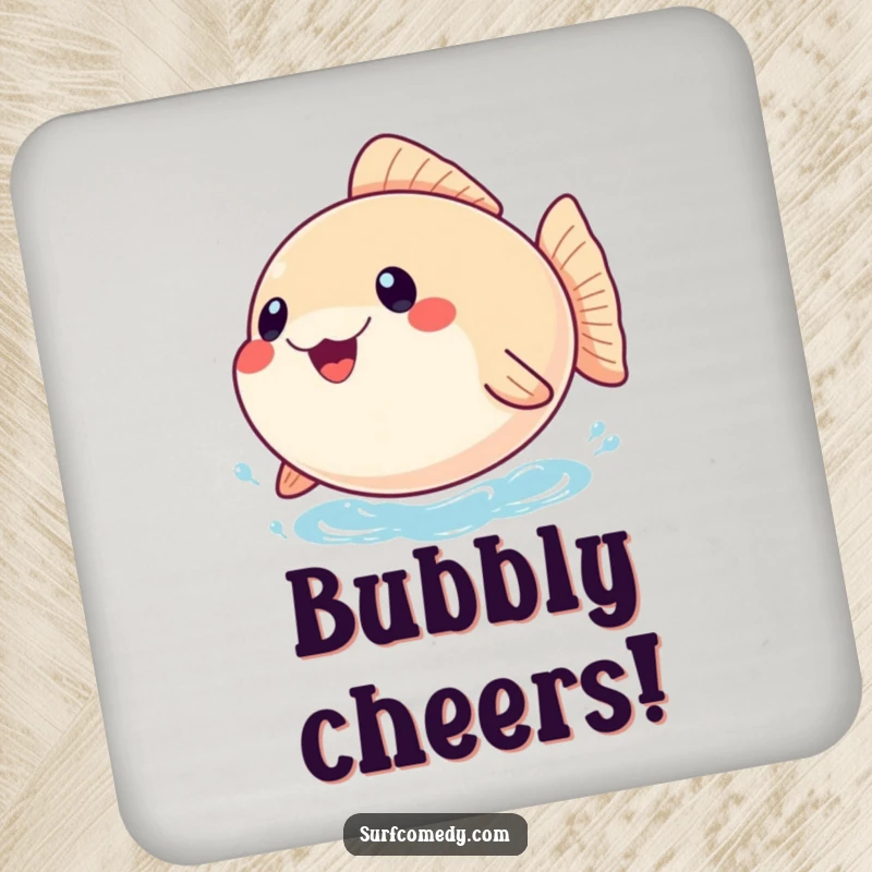 Funny drink coaster showcasing a joyful, inflated pufferfish bobbing on the water, perfect for adding a splash of humor to tabletops.