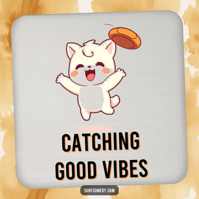 Funny Kawaii coaster featuring a cute character in the act of catching a frisbee, protecting drinks with humor.