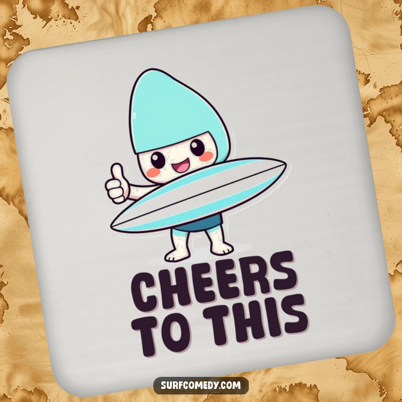 Funny Kawaii character coaster with surfboard giving a cheerful thumbs up, a small funny gift.