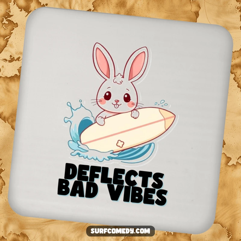 Funny drink coaster with a rabbit using a surfboard as a shield against a playful wave splash.