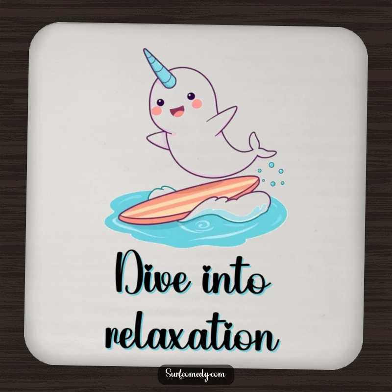 Funny narwhal character surfing a surfboard, elegantly designed on a drink coaster, adding whimsical charm.