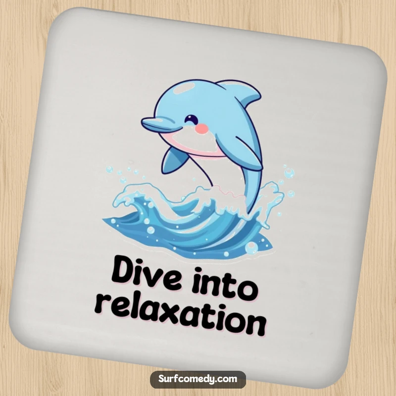 Funny coasters featuring a cheerful kawaii dolphin character leaping from a sparkling wave, adding ocean vibes and surface protection.