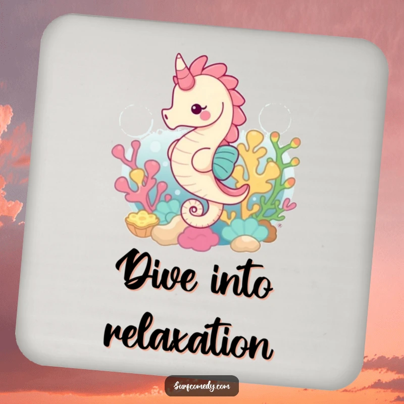 Funny drink coasters depicting a graceful seahorse swimming through a coral reef, adding a humorous and elegant touch.