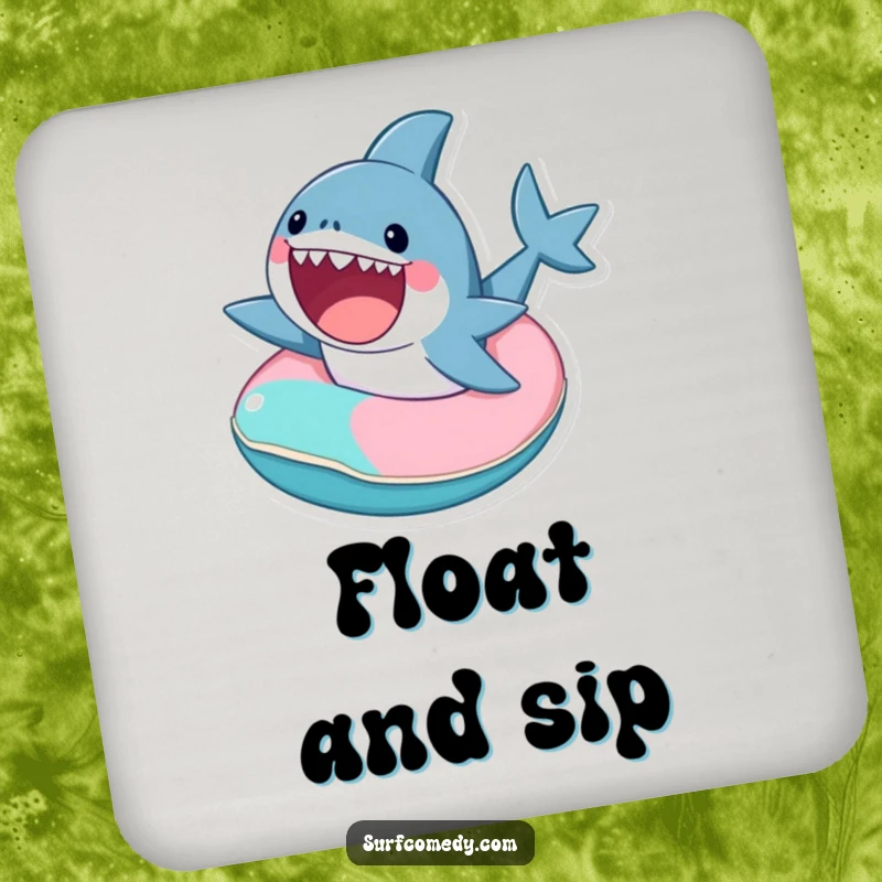 Funny drink coaster with a cute shark excitedly riding a tiny, colorful inner tube, protecting furniture.