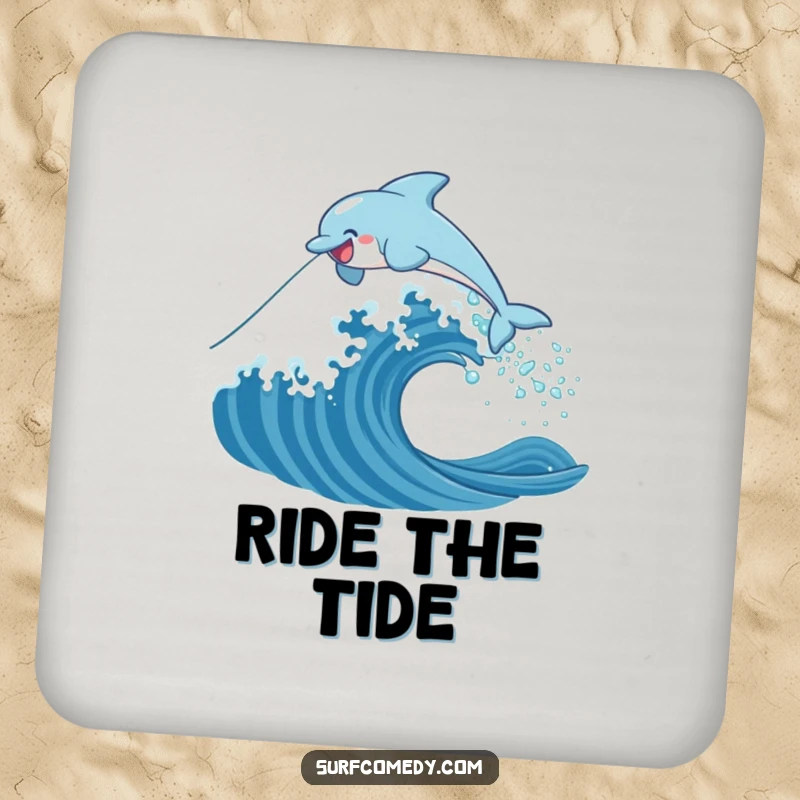 Funny drink coaster set depicting a happy dolphin leaping over a stylized ocean wave, adding a humorous touch to table settings.