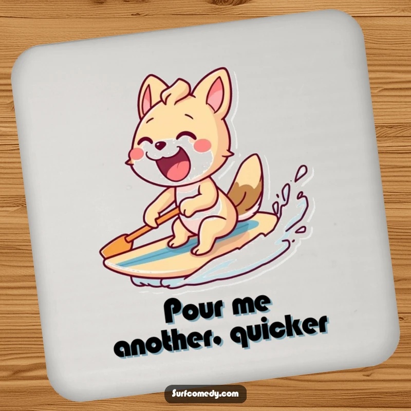 Funny drink coaster with an excited animal paddling furiously and a surfboard behind, a humorous and dynamic accessory.