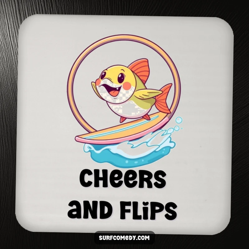 Funny fish jumping through a hoop on a surfboard, printed on a coaster for humorous table protection. A cute funny gift.
