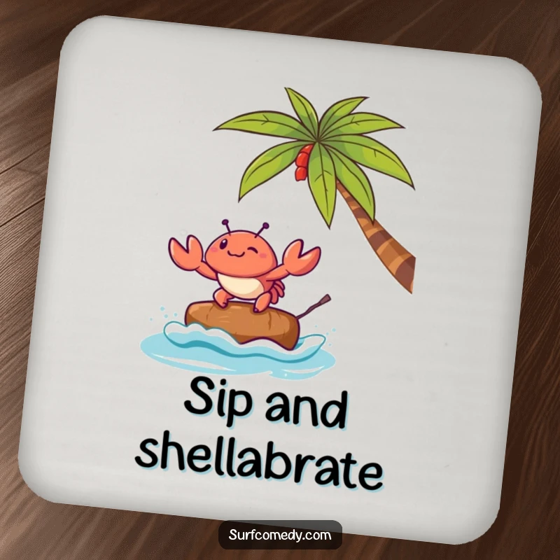 Funny drink coaster set showing a Kawaii crab character surfing a coconut, adding cute beach humor to any table.