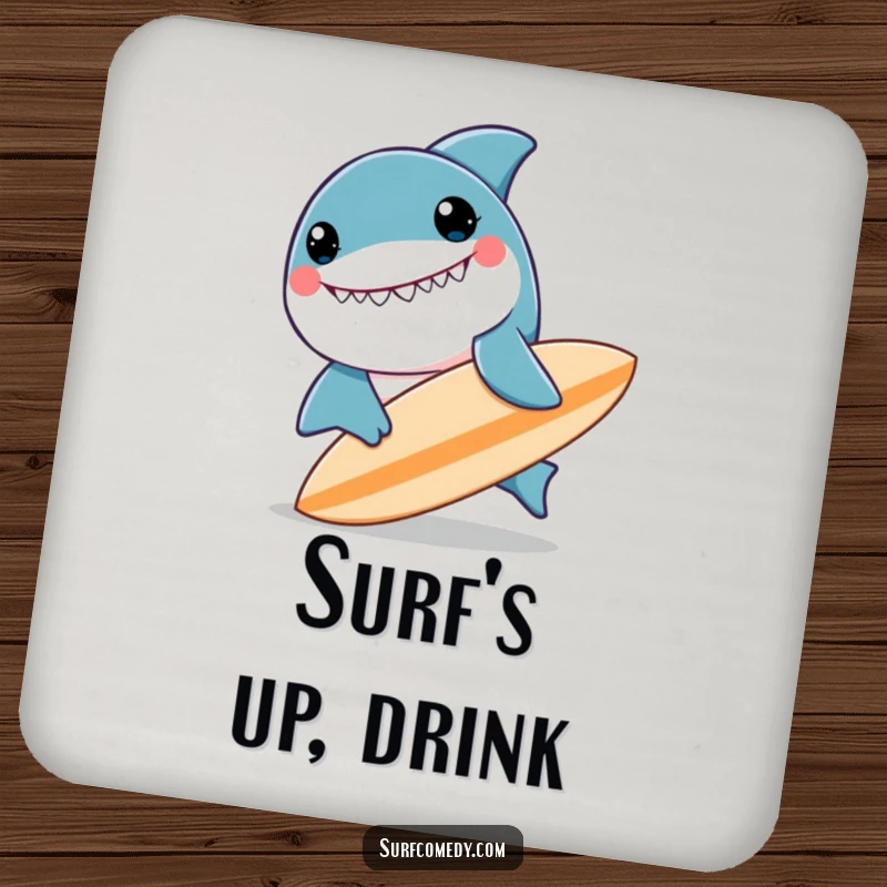 Funny kawaii shark character beaming, nudging a surfboard, stylish and protective funny coasters.