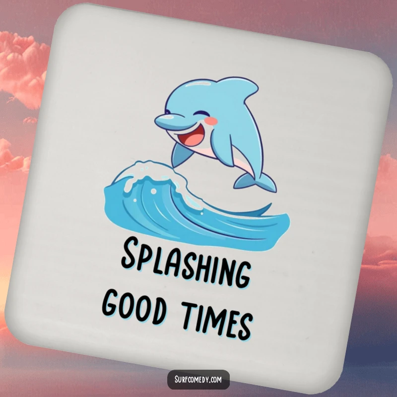 Funny laughing dolphin leaping over a playful ocean wave on durable, decorative, and funny drink coasters.