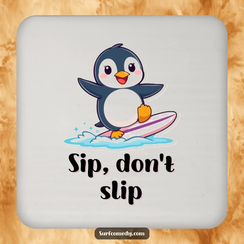 Funny smiling penguin attempting to surf a small surfboard, featured on a protective drink coaster.