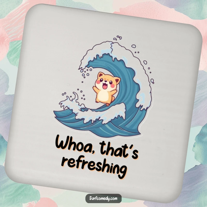 Funny drink coaster with a surprised animal character tossed into the air by a rogue wave, a humorous and functional accessory.