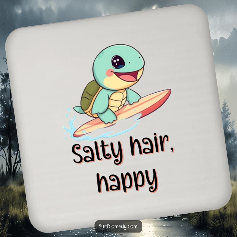 Cute sea turtle with a huge grin surfing a surfboard, featured on a functional drink coaster.