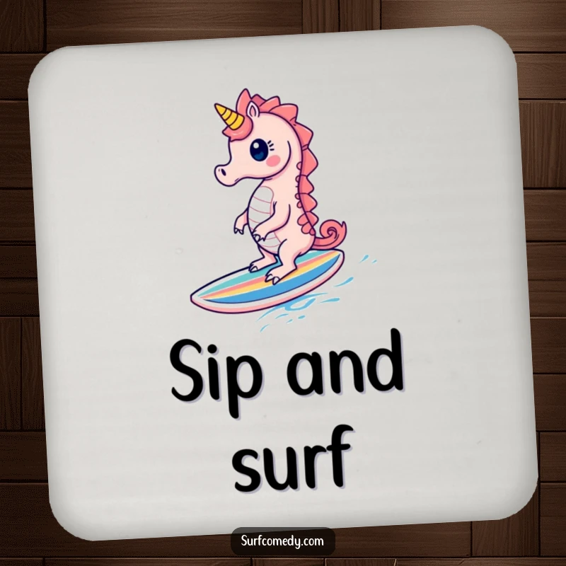 Funny Seahorse Coaster: A cute seahorse character gleefully surfs on a tiny surfboard, offering surface protection and humor.