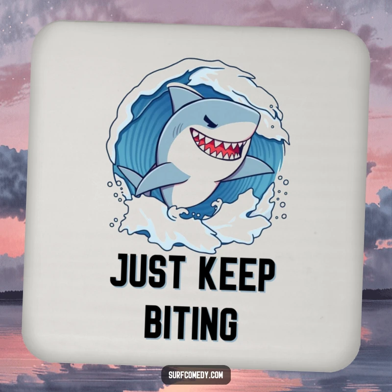 Funny determined shark character fiercely carving through a wave with a confident grin, protecting surfaces with seaside power.