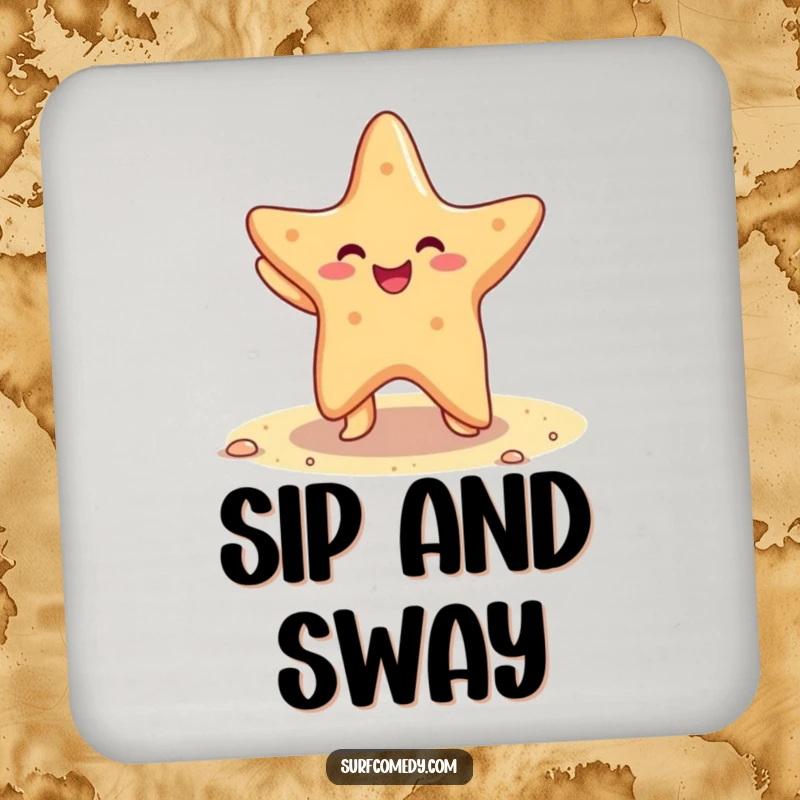 Funny drink coasters depicting a cheerful starfish dancing on a sandy beach, adding a humorous and festive touch.