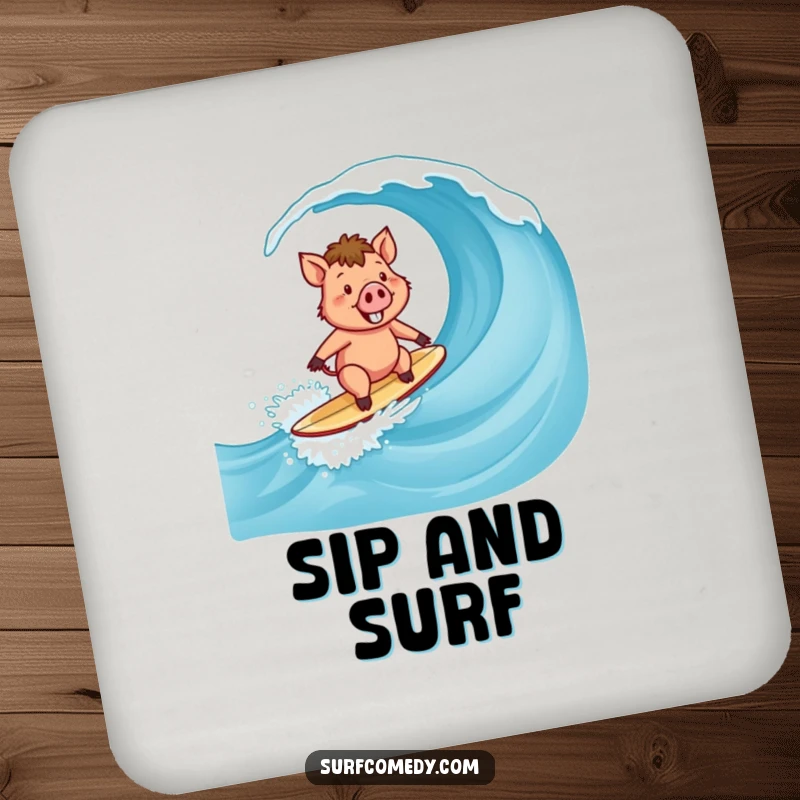 Funny Surfer Boar Coasters: A happy boar character surfing a wave with a big smile, protecting your surfaces.