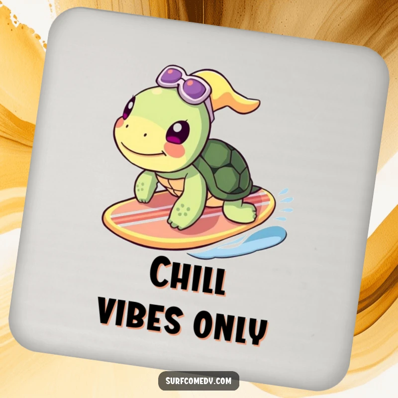 Funny turtle character surfing a surfboard, elegantly designed on a drink coaster, adding humor to tabletops.